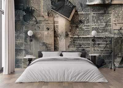 An antique newspaper with a collage of newspaper clippings.  Wall mural